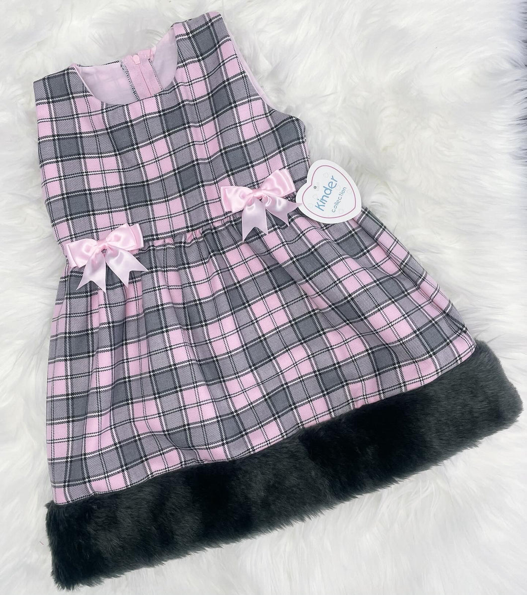 Black Kinder Fur Trim Checked Dress - 3-4YRS