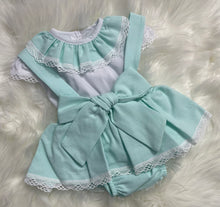 Load image into Gallery viewer, Mint Bow Dungarees Skirt and Blouse Set
