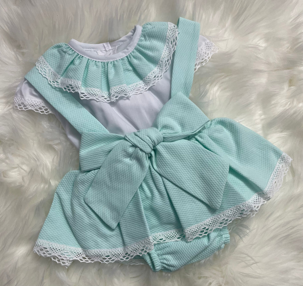 Mint Bow Dungarees Skirt and Blouse Set