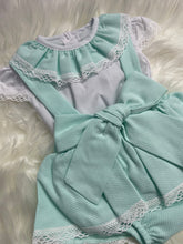 Load image into Gallery viewer, Mint Bow Dungarees Skirt and Blouse Set
