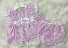 Load image into Gallery viewer, Kinder Boutique Gingham Frill Bow Dress and Knickers Set
