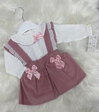 Load image into Gallery viewer, Dusky Pink Dungarees Bow Dress and Blouse Set - 3M
