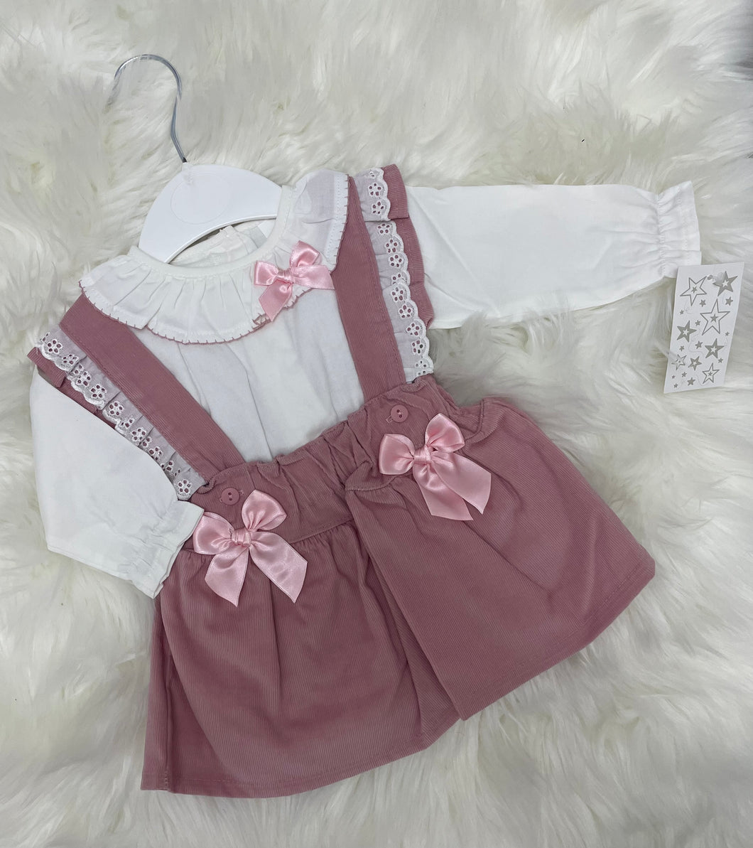 Dusky Pink Dungarees Bow Dress and Blouse Set - 3M