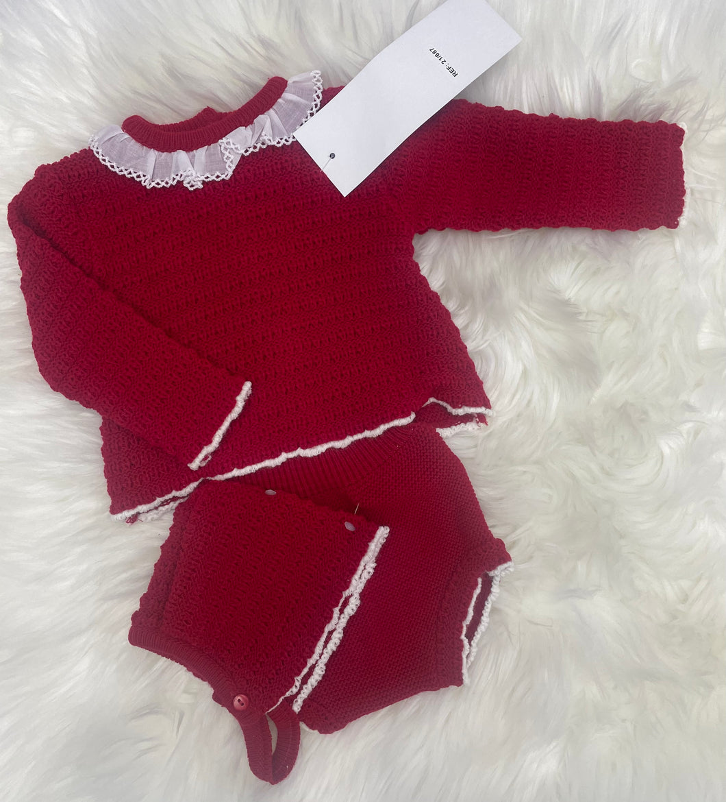 Knitted Jam Pant and Bonnet Set - Red