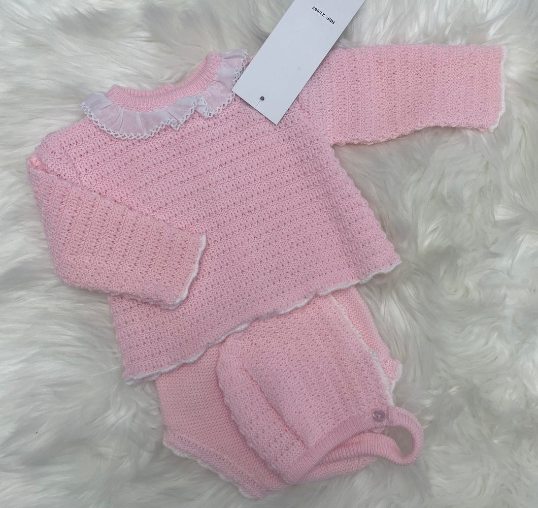 Knitted Jam Pant and Bonnet Set - Pink