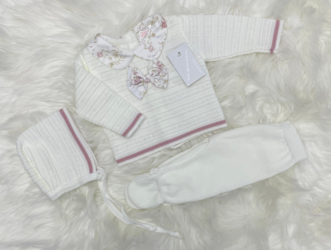 Newborn 3 Piece Knitted Set - white/dusky pink