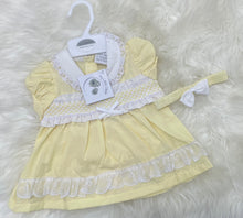 Load image into Gallery viewer, Smocked Lace &amp; Bows Dress, Pants &amp; Headband Set
