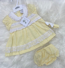 Load image into Gallery viewer, Smocked Lace &amp; Bows Dress, Pants &amp; Headband Set
