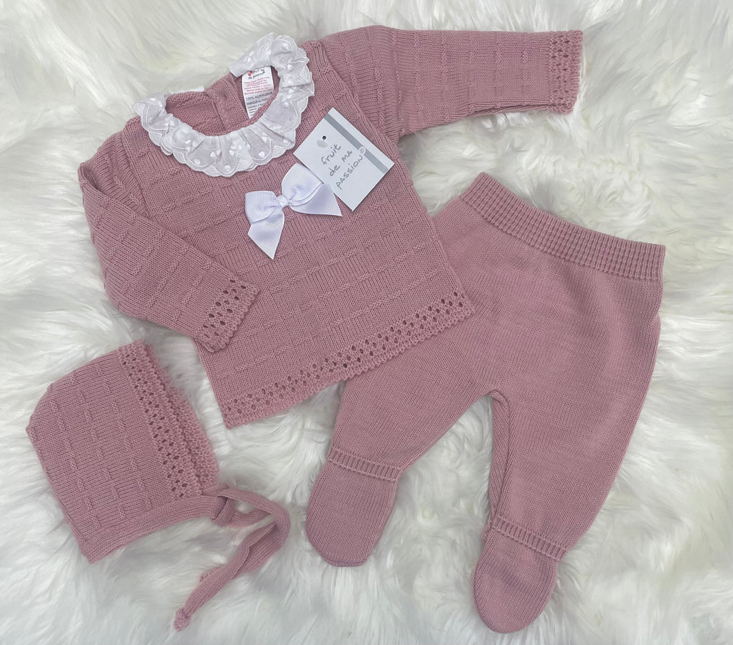 Newborn Knitted 3 Piece Set - dusky pink