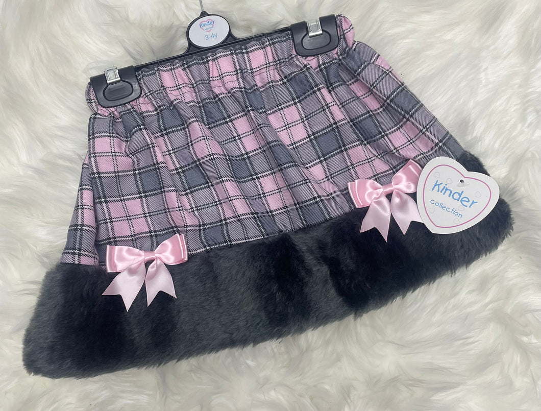Kinder Fur Trim Checked Skirt - Black