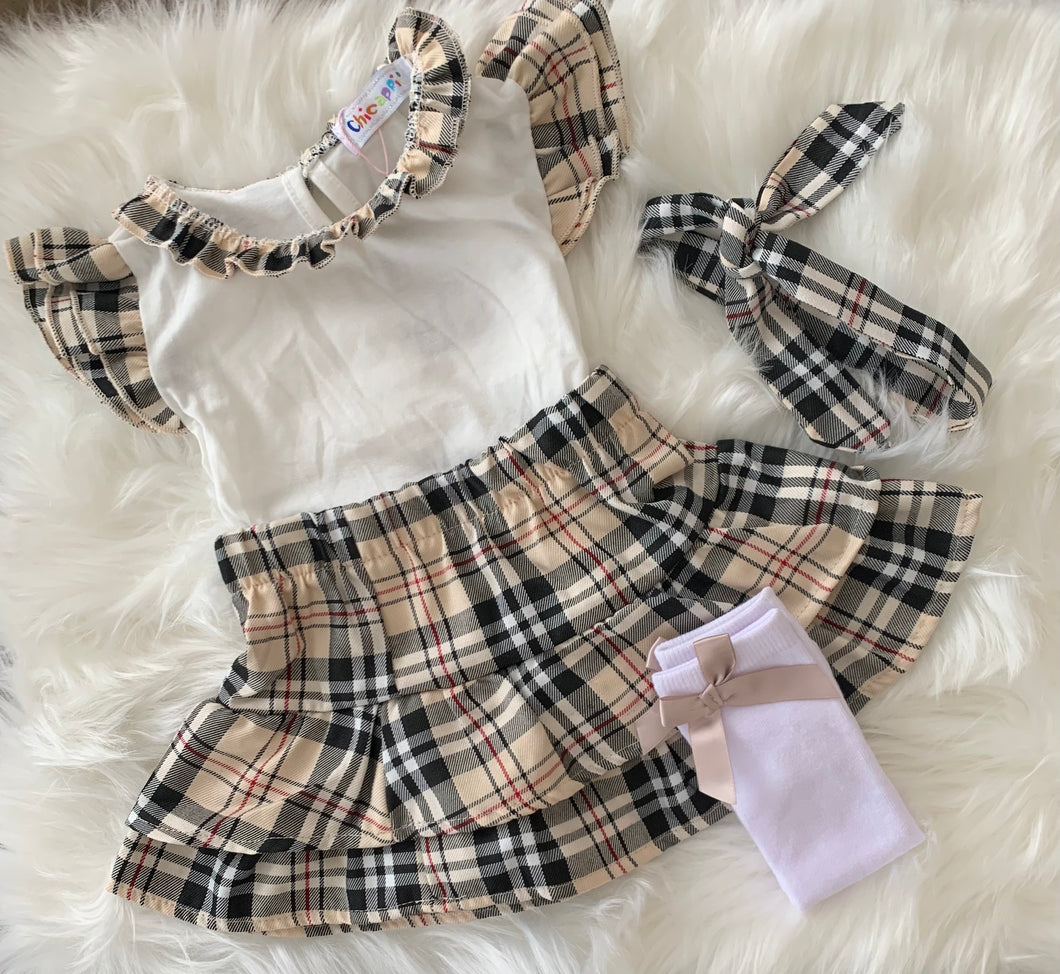 Checked Skirt, Top, Socks and Headband Set