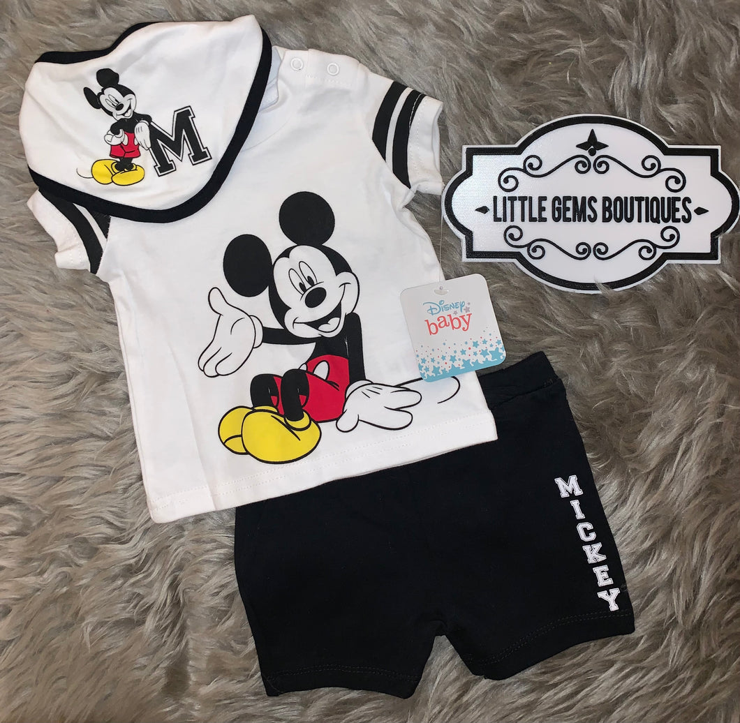 Mickey Top, Shorts and Bandana Bib Set - 0-3M