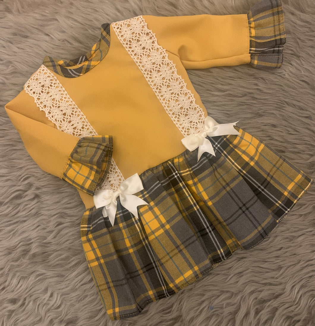 Mustard Tartan Bows and Lace Dress