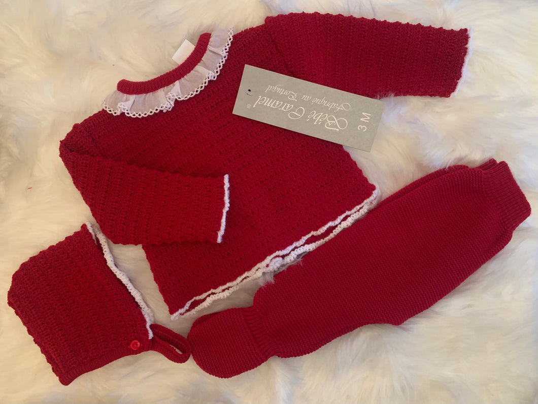 Knitted Set with Bonnet - Red - 6M