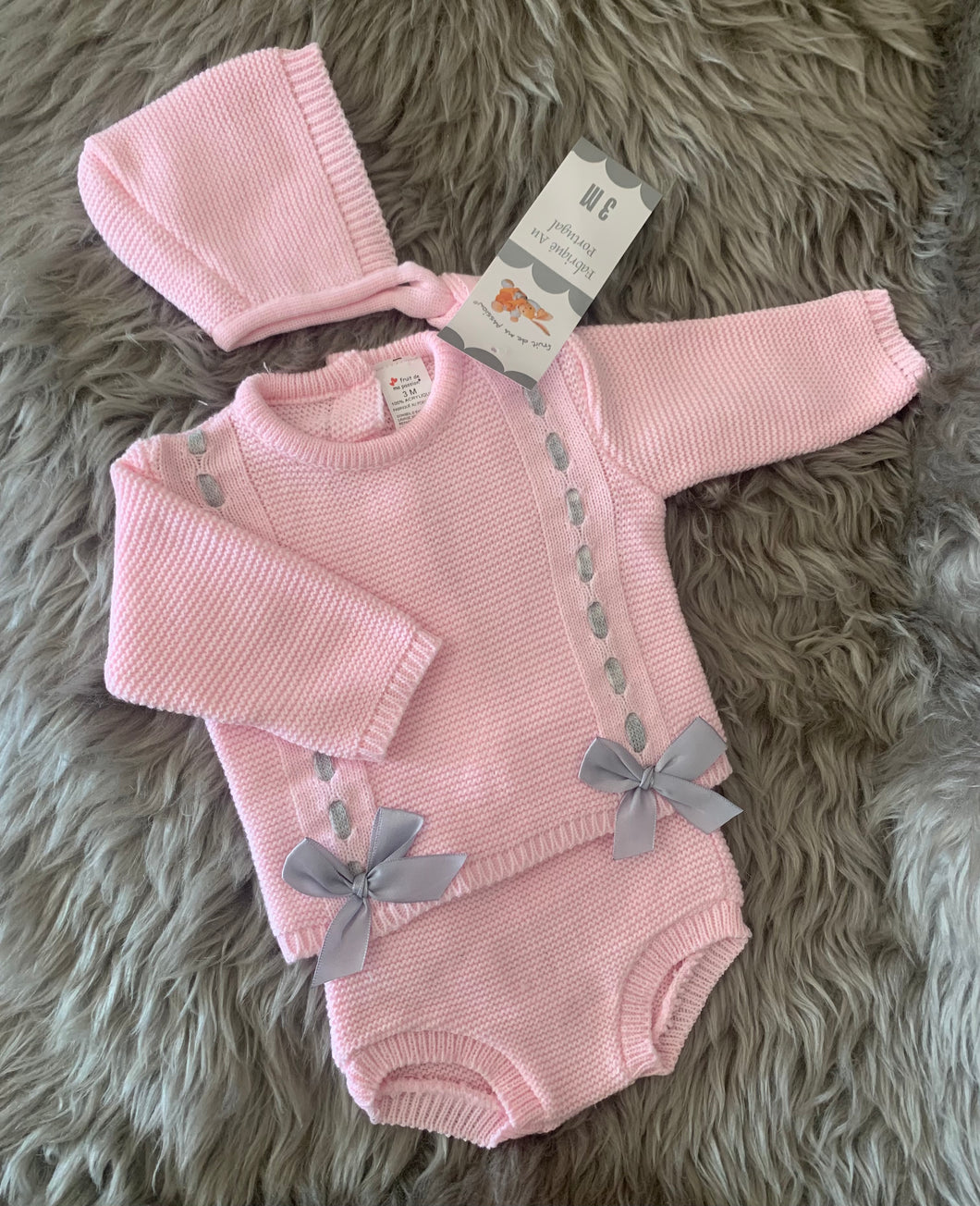 Pink/Grey Knitted Bow Jam Pants and Bonnet Set - 12M