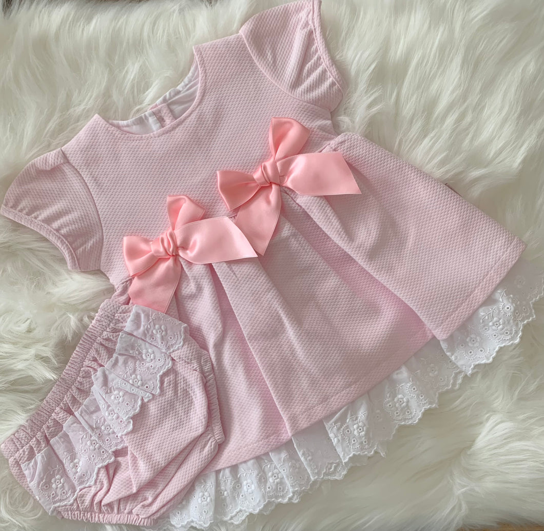 Double Bow Lace Trim Dress and Pants Set - Pink