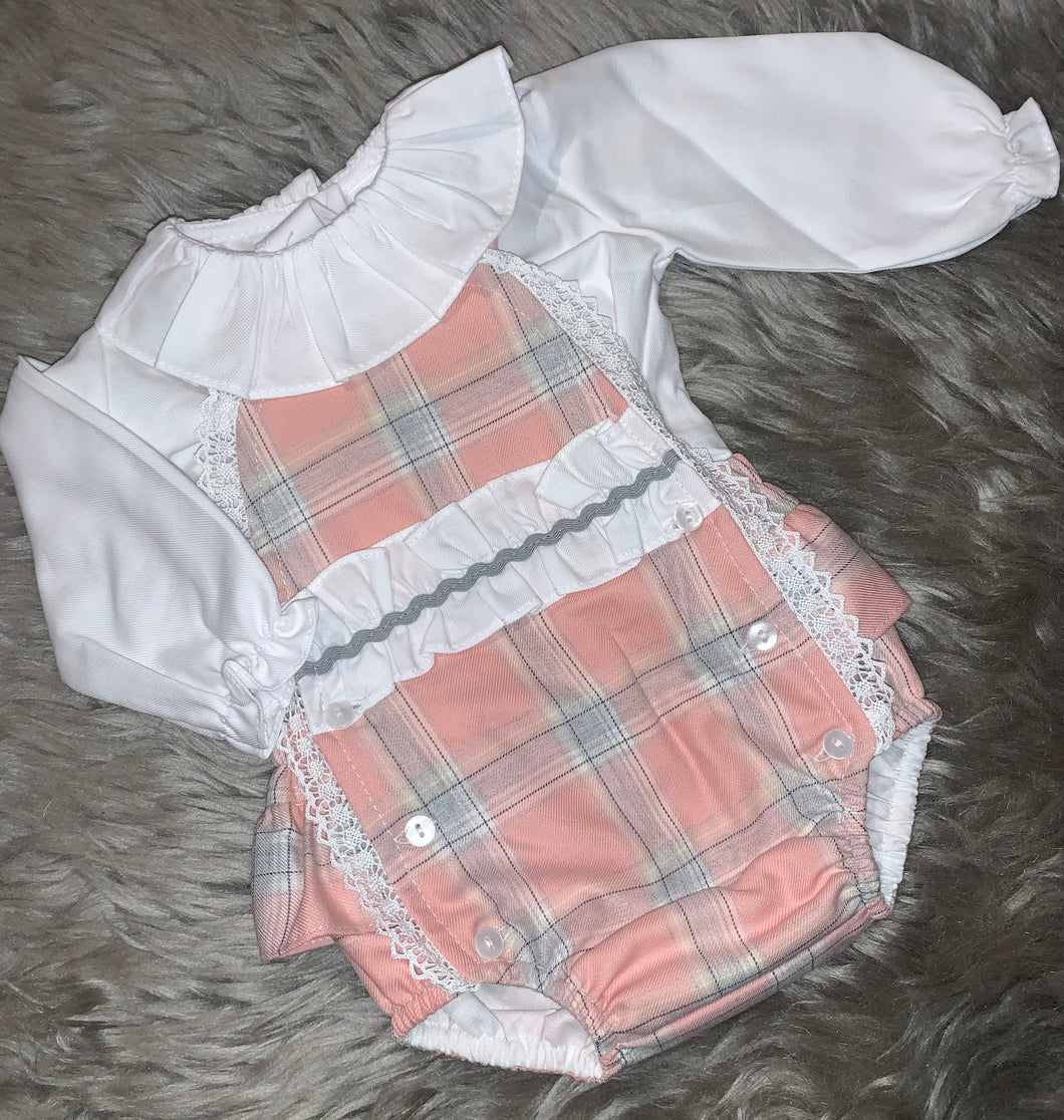 Dusky Pink/Grey Checked Pinafore Romper - 6M