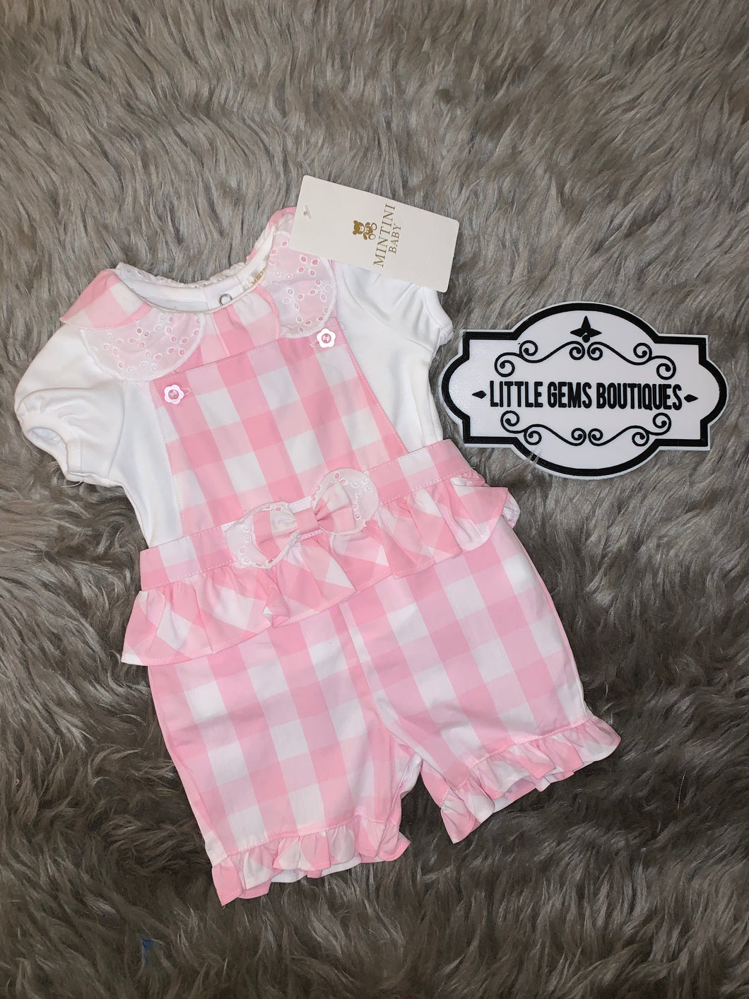 Mintini Gingham Bow Dungarees Set - 3M