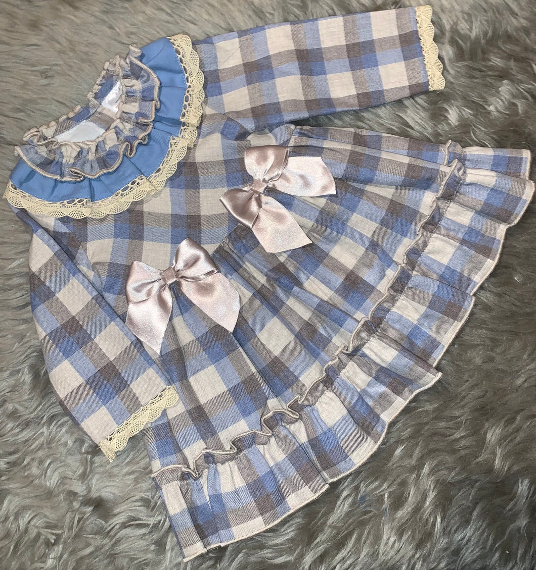 Blue/Camel Checked Bow Dress