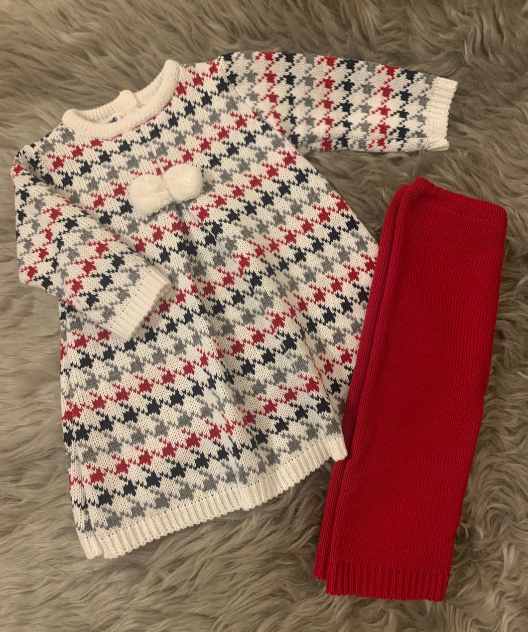 Dogtooth and Pom Pom Knitted Jumper Dress and Leggings Set