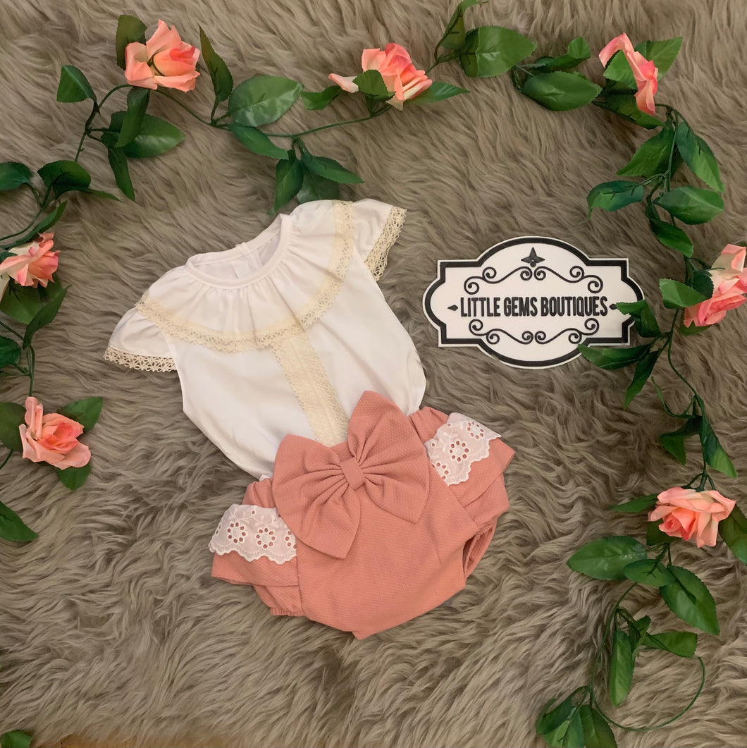 Rose Pink Frilly Bow Jam Pants and Blouse Set