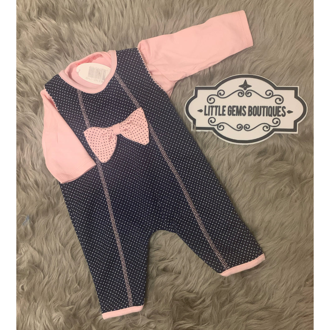 Navy/Pink Polka Dot Bow Dungarees Set - 3-6M