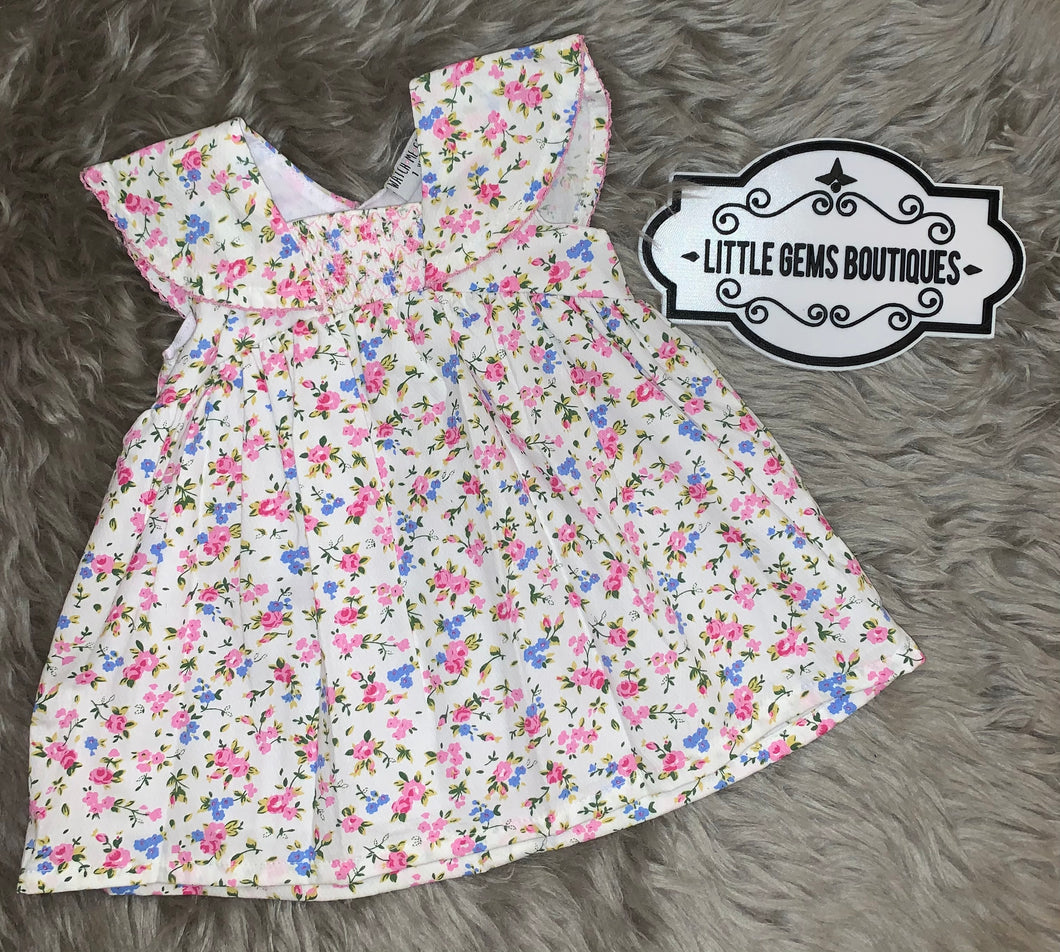 Cream Smocked Floral Dress