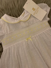 Load image into Gallery viewer, Mintini Heart Smocked White and Lemon Bow Dress - 12M
