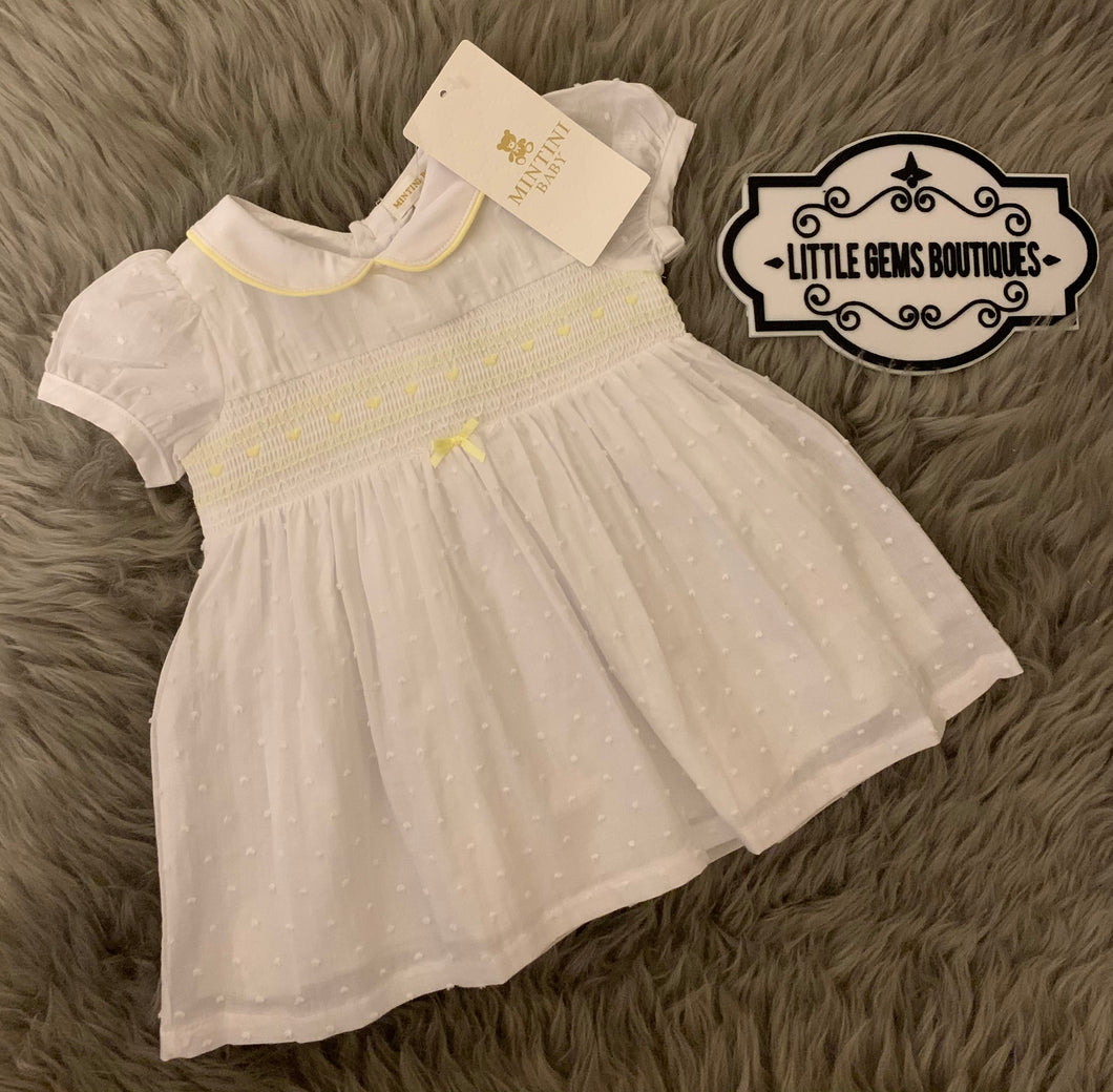 Mintini Heart Smocked White and Lemon Bow Dress - 12M