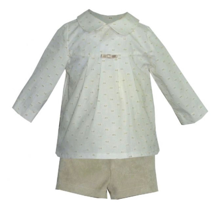 Alber Beige Velvet Shorts and Shirt Set - 3M