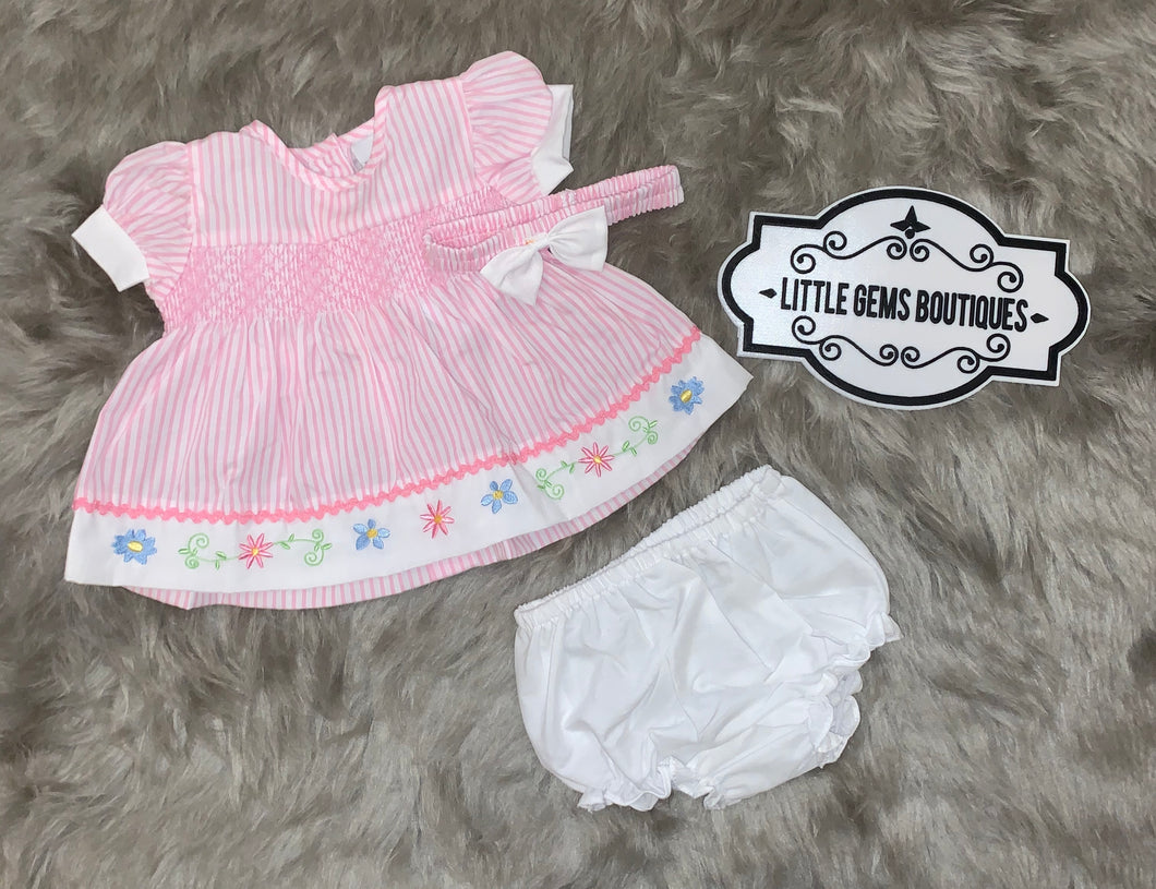 Smocked Floral Striped Dress, Pants and Headband Set