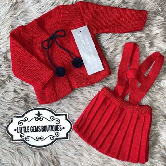 Red/Navy Knitted Pom Pom Skirt Set